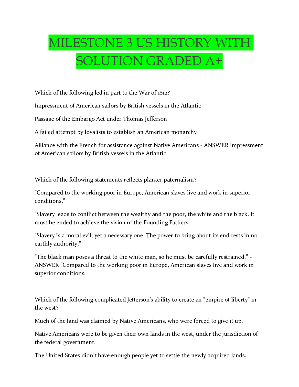 Preview image for LESTONE 3 US HISTORY WITH SOLUTION GRADED A+